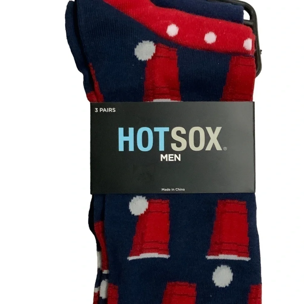 Hot Sox Beer Pong Socks 3 Pair Men’s Gift Pack Navy Red Polka Dot Size 10-13